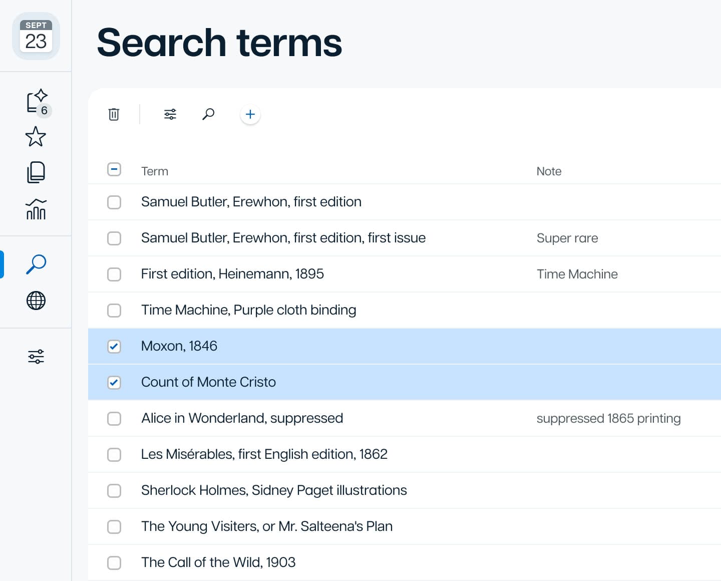 Search terms view