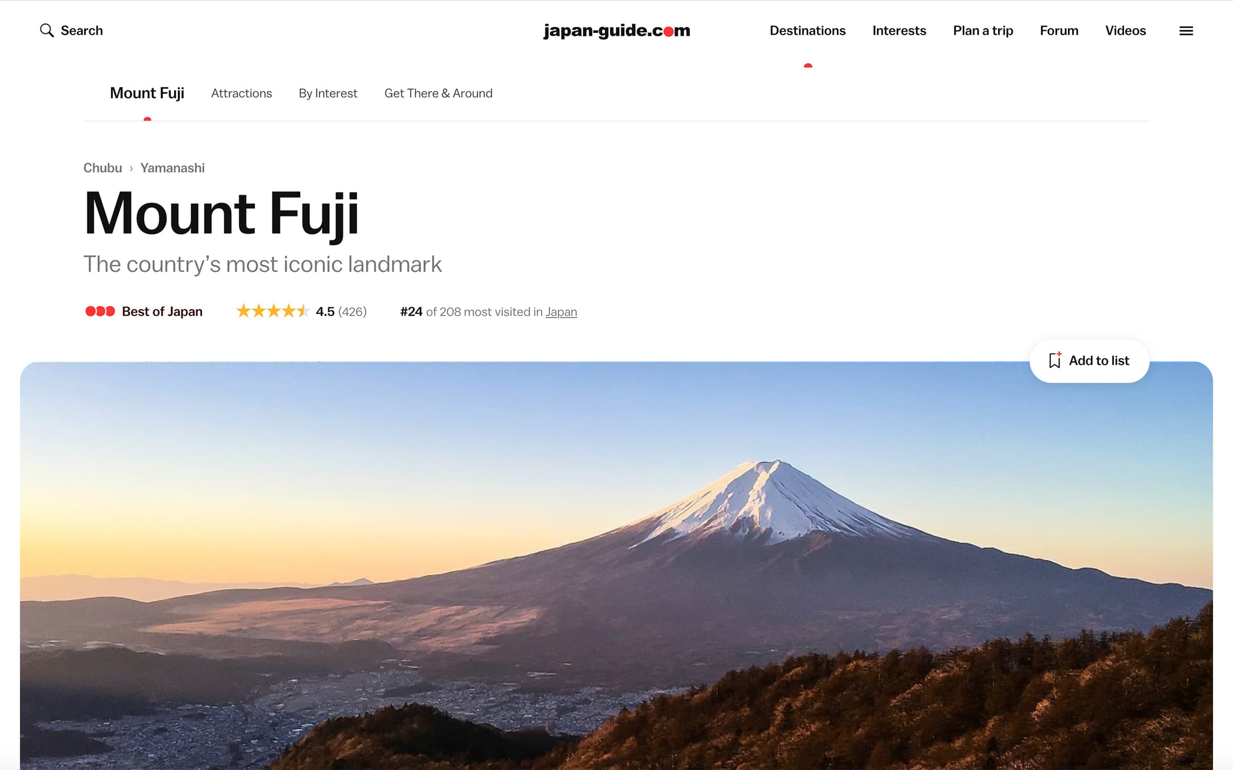 japan-guide.com, Mt. Fuji Destination page